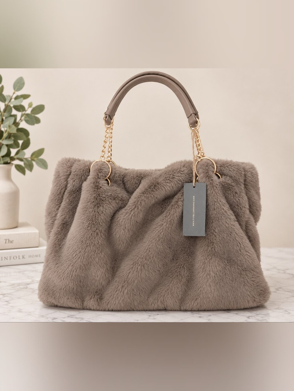 Expressions NYC - Broome ST fur Chain Tote - Taupe - Vegan - NWT!